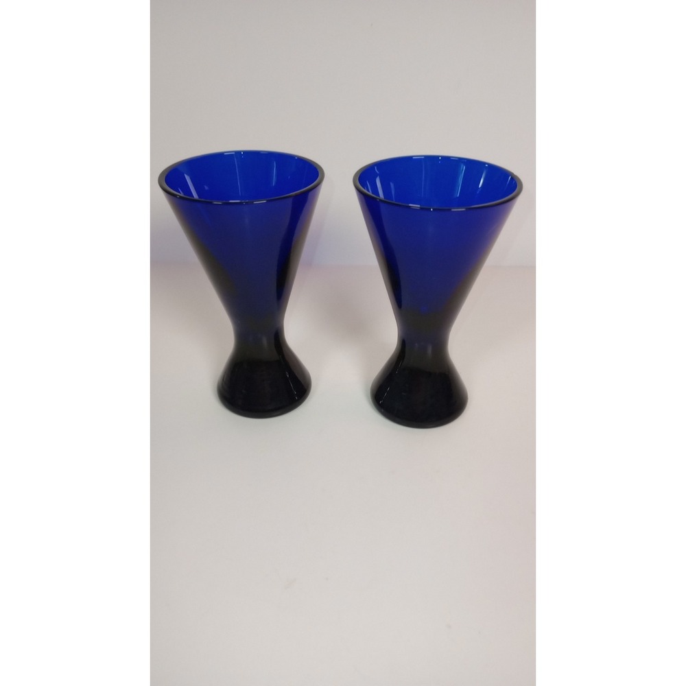 Set Of 2 Cobalt Blue Glass Sophisticated MCM Hourglass Cordial Glasses *READ*